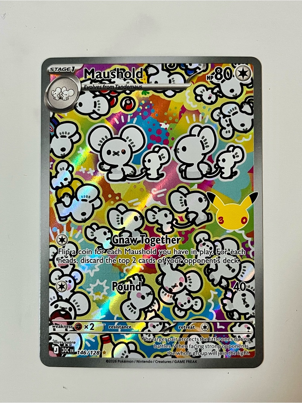 Authentic Holo Maushold 146/128 Pokemon 30th Celebration Card
